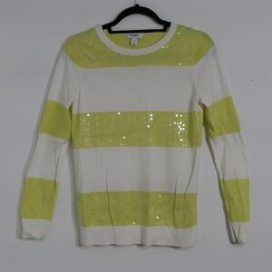 Old Navy Womens Sweater M Yellow White Striped Sequin Crewneck Pullover